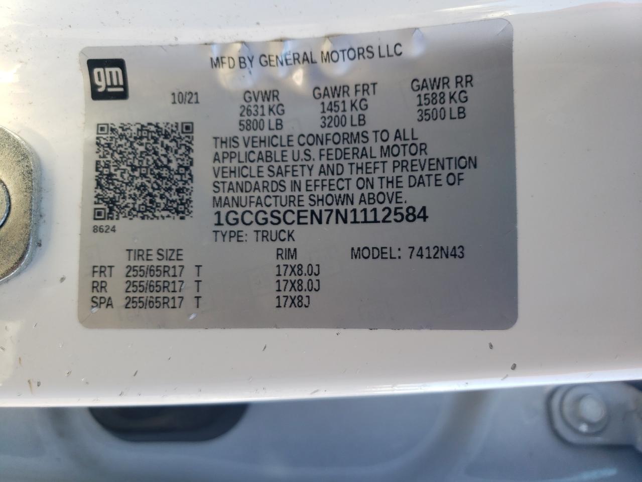 2022 CHEVROLET COLORADO LT VIN:1GCGSCEN7N1112584