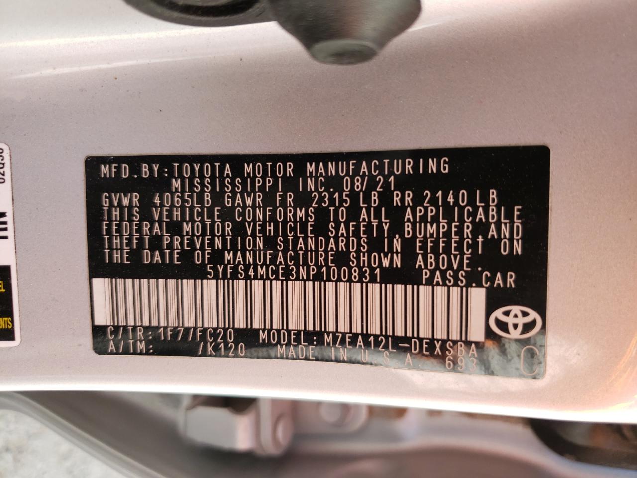 2022 TOYOTA COROLLA SE VIN:5YFS4MCE3NP100831