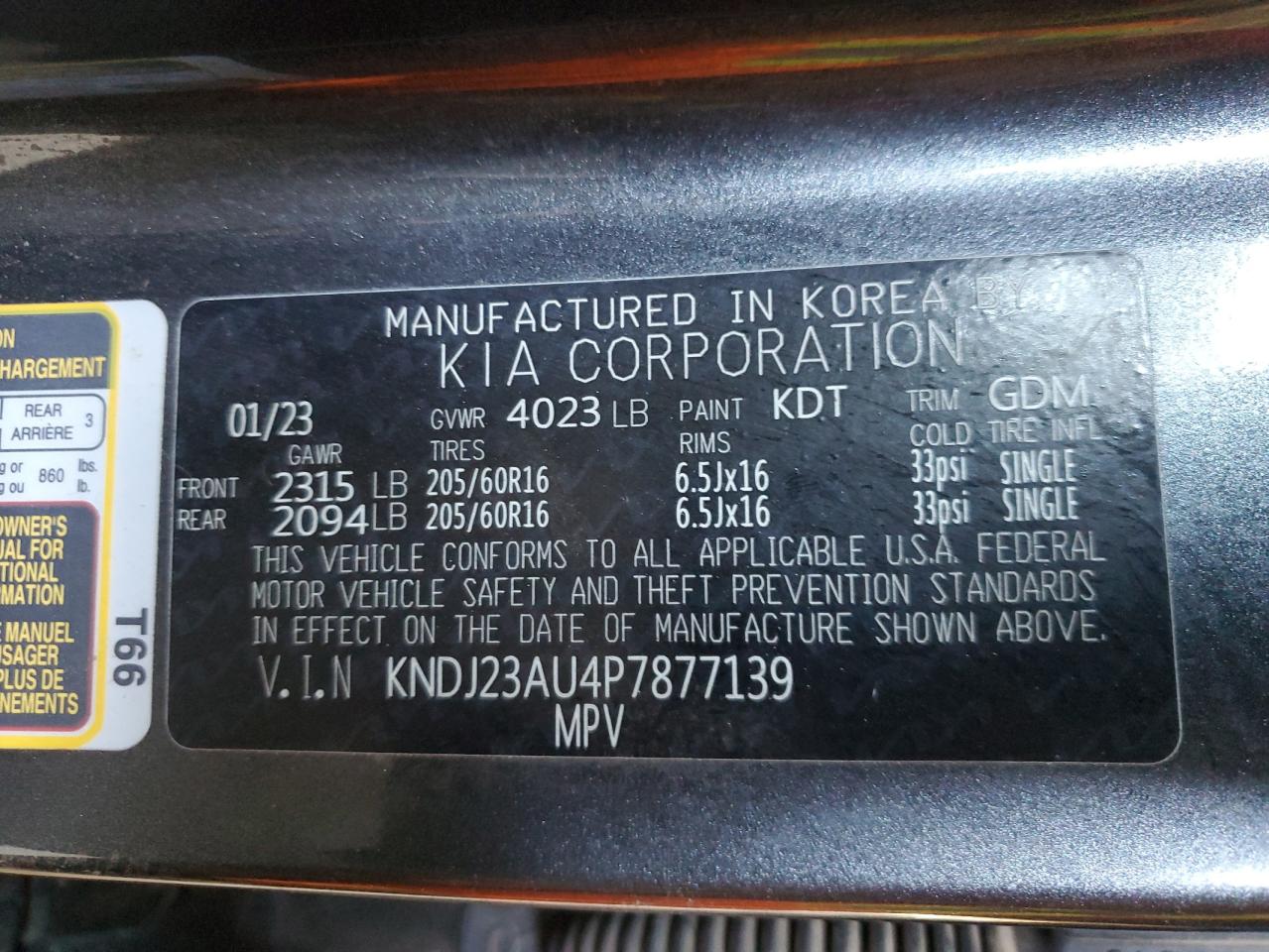 2023 KIA SOUL LX VIN:KNDJ23AU4P7877139
