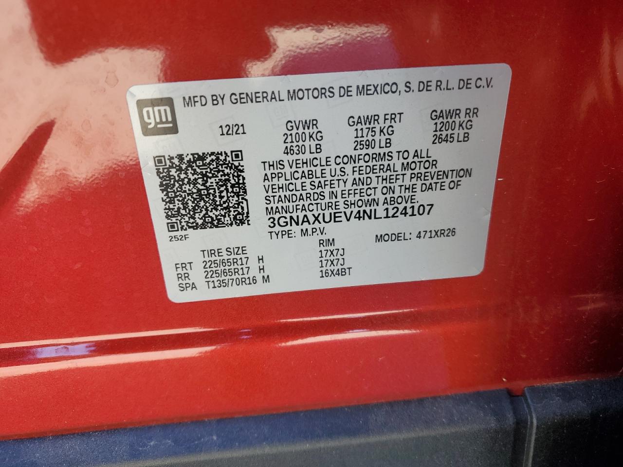 2022 CHEVROLET EQUINOX LT VIN:3GNAXUEV4NL124107