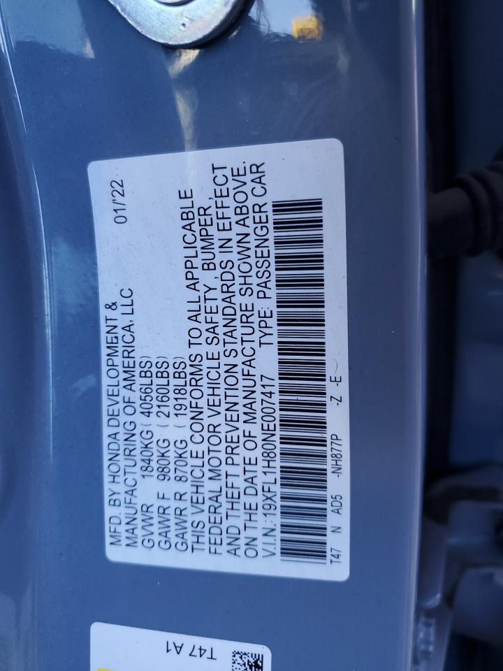 2022 HONDA CIVIC SPORT TOURING VIN:19XFL1H80NE007417
