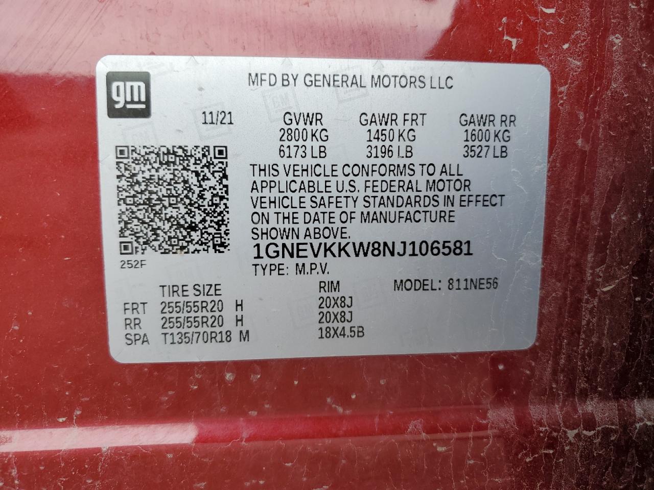 2022 CHEVROLET TRAVERSE PREMIER VIN:1GNEVKKW8NJ106581