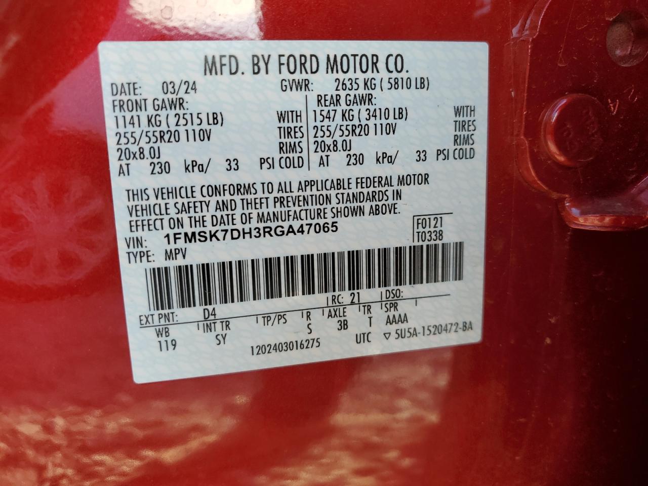 2024 FORD EXPLORER XLT VIN:1FMSK7DH3RGA47065