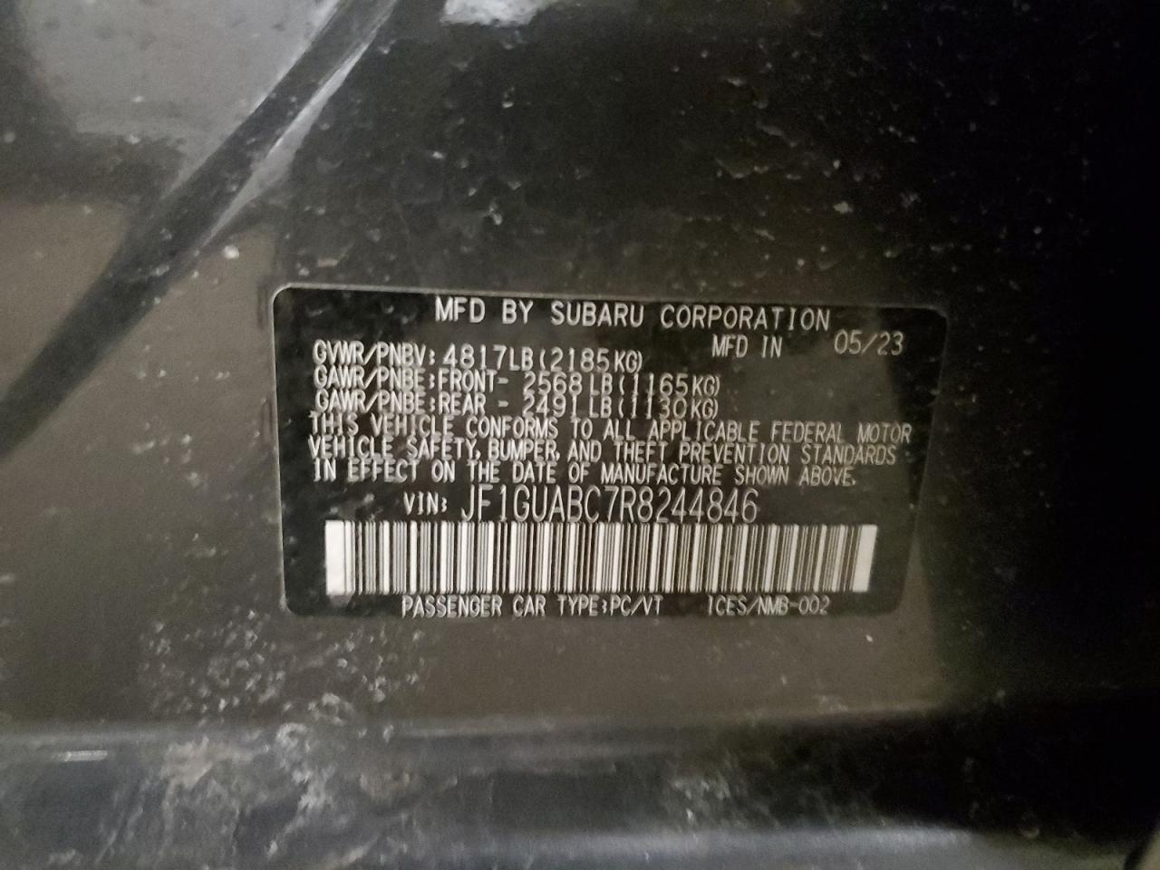 2024 SUBARU IMPREZA VIN:JF1GUABC7R8244846
