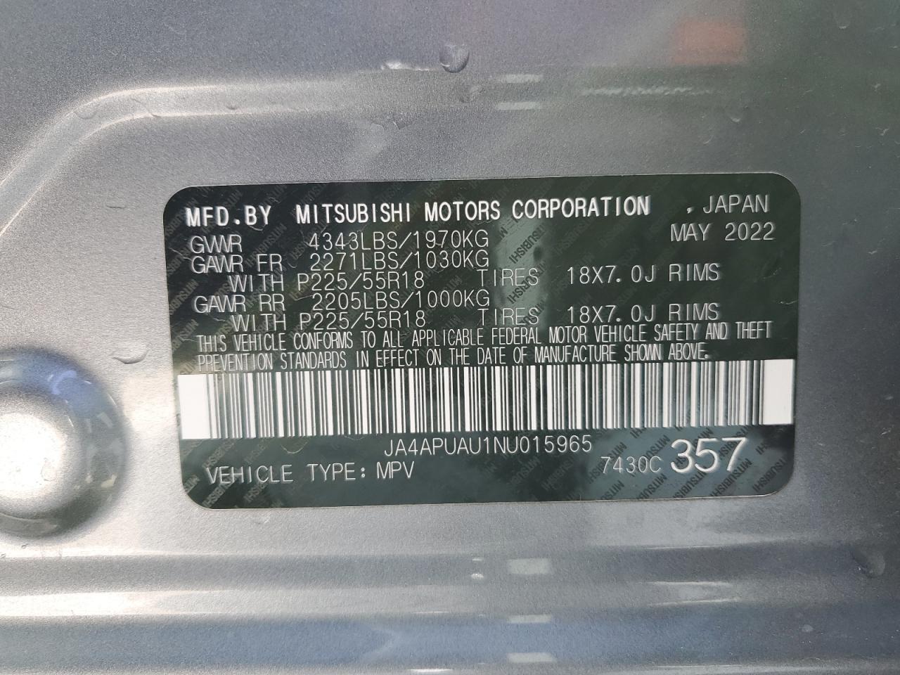 2022 MITSUBISHI OUTLANDER SPORT ES VIN:JA4APUAU1NU015965