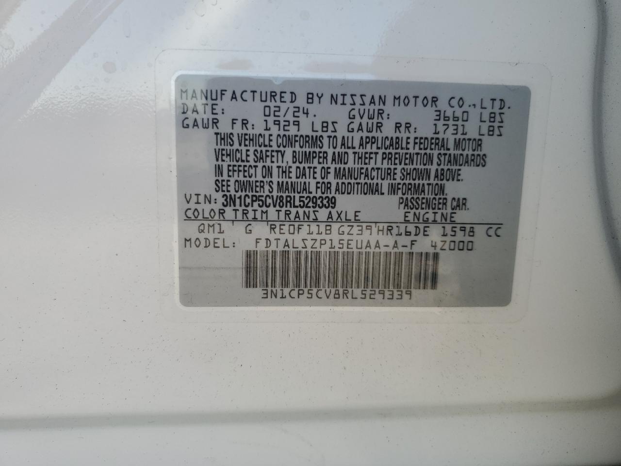 2024 NISSAN KICKS SV VIN:3N1CP5CV8RL529339