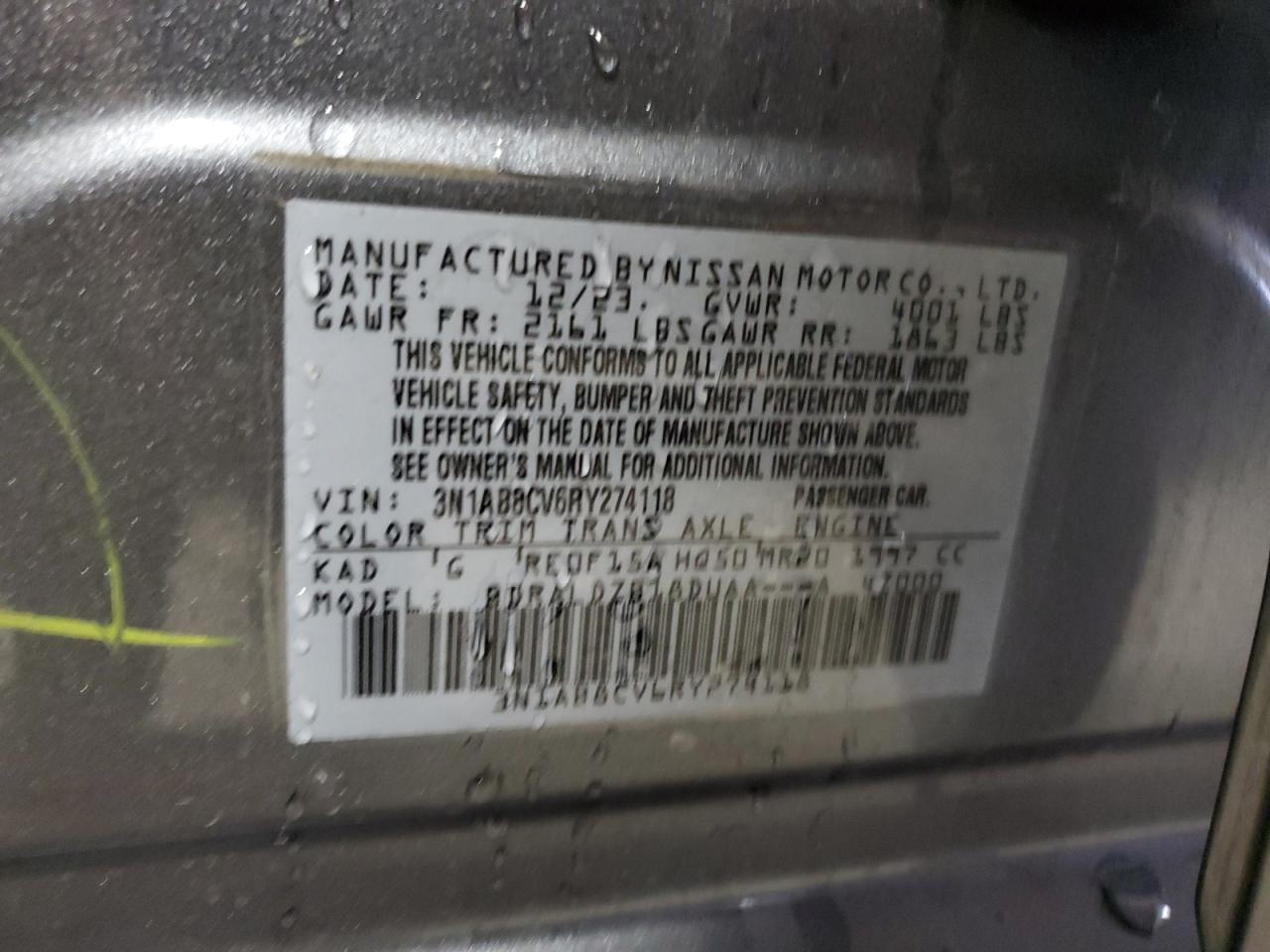 2024 NISSAN SENTRA SV VIN:3N1AB8CV6RY274118