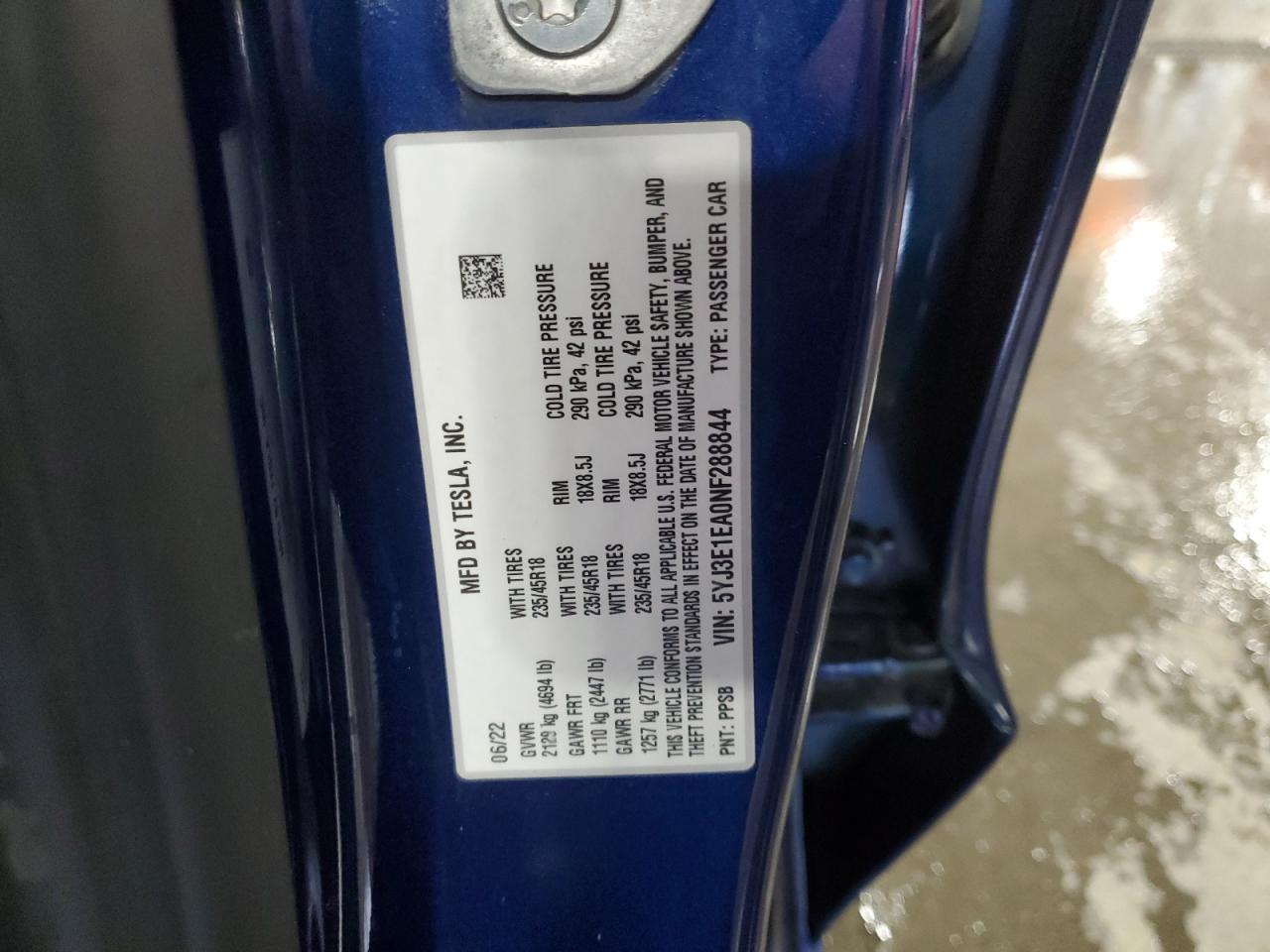 2022 TESLA MODEL 3 VIN:5YJ3E1EA0NF288844