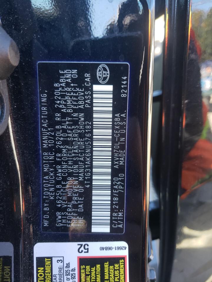 2022 TOYOTA CAMRY NIGHT SHADE VIN:4T1G31AK6NU576182