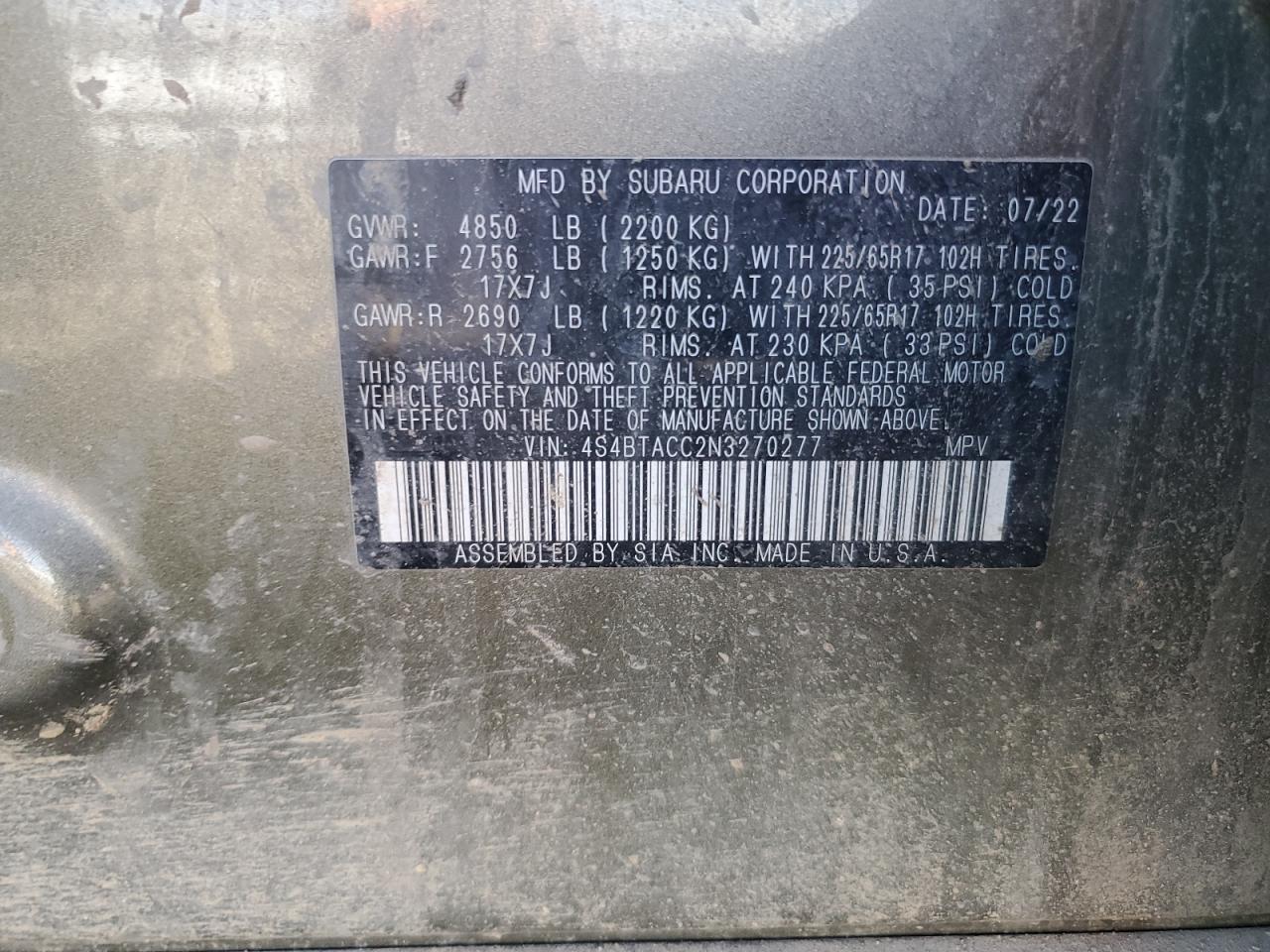 2022 SUBARU OUTBACK PREMIUM VIN:4S4BTACC2N3270277