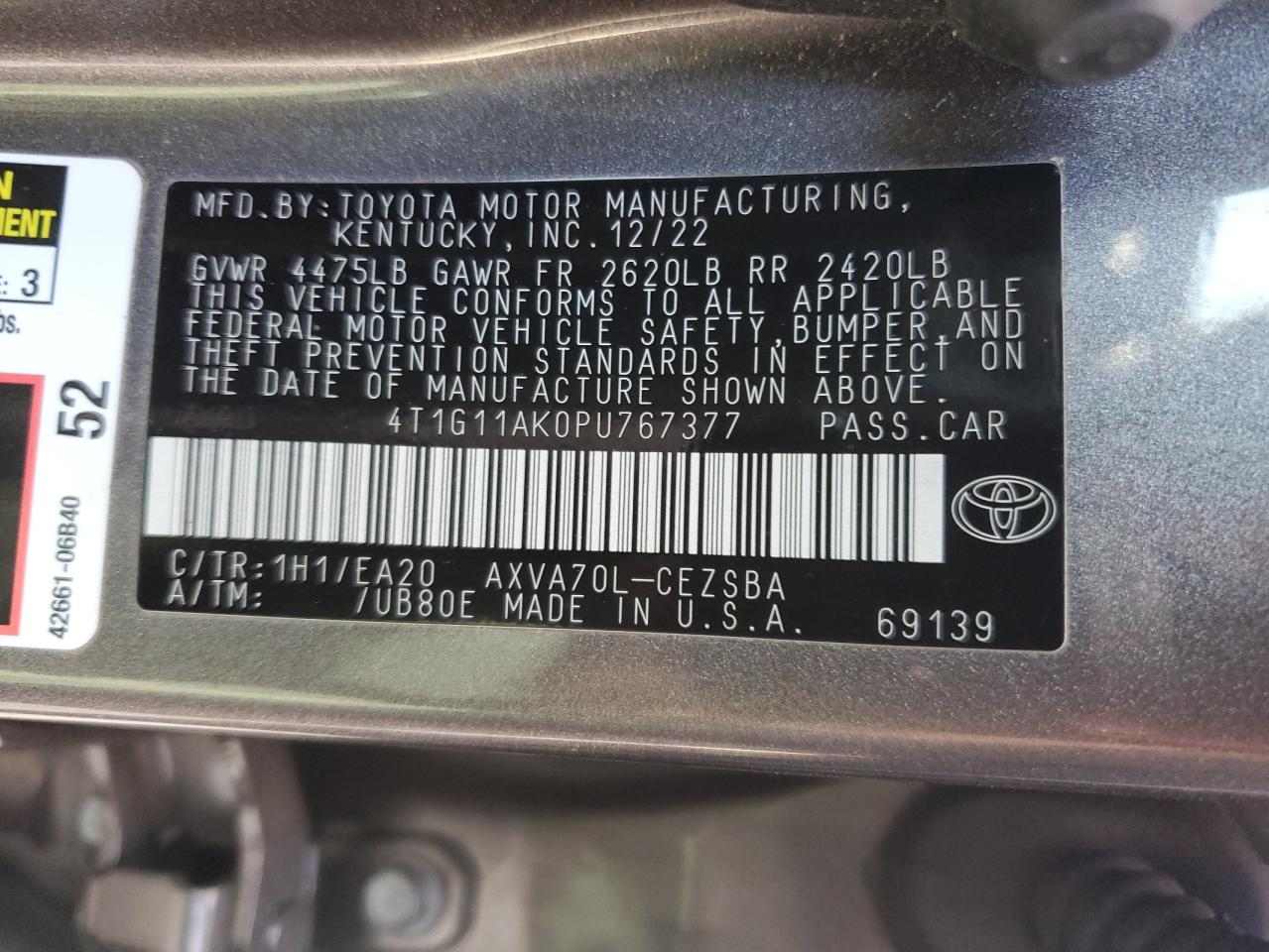 2023 TOYOTA CAMRY SE NIGHT SHADE VIN:4T1G11AK0PU767377