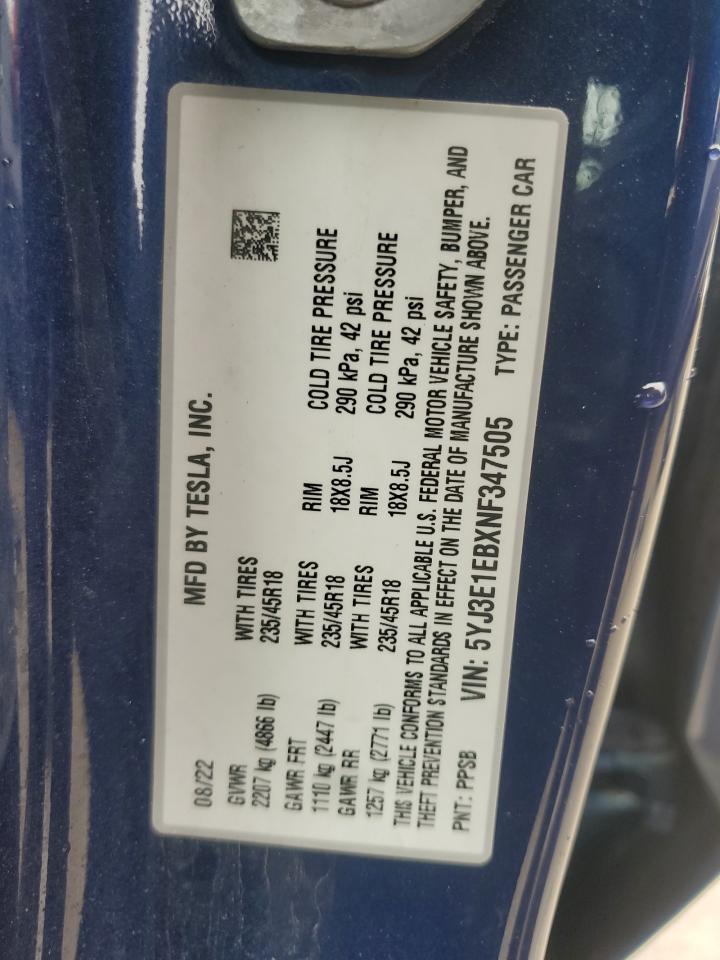2022 TESLA MODEL 3 VIN:5YJ3E1EBXNF347505