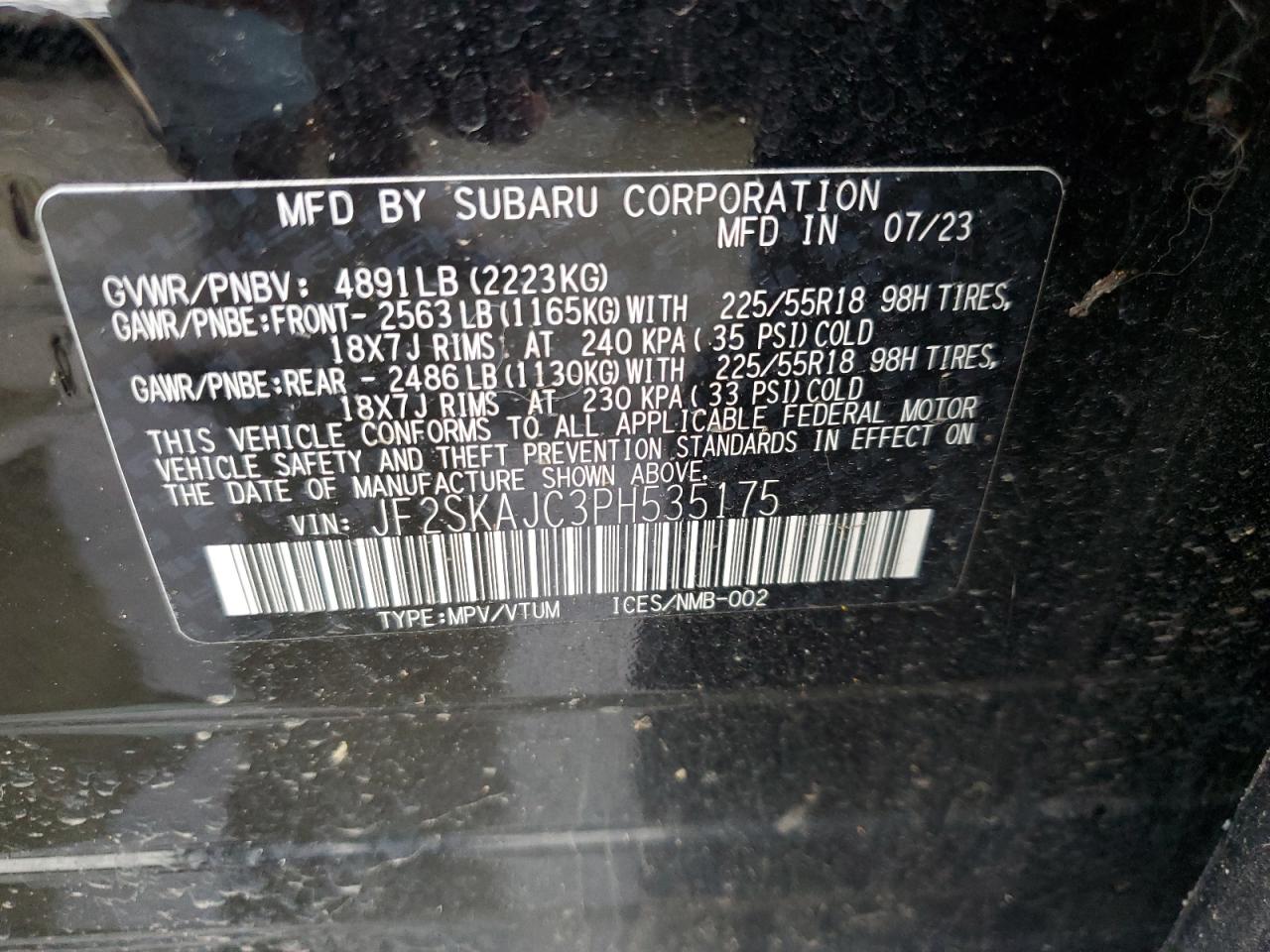 2023 SUBARU FORESTER SPORT VIN:JF2SKAJC3PH535175