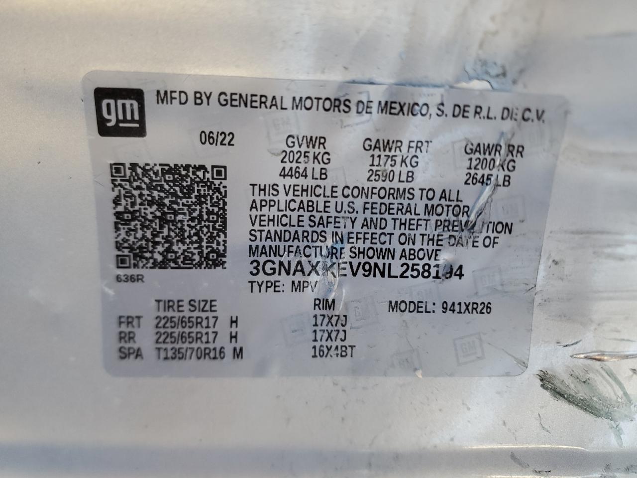 2022 CHEVROLET EQUINOX LT VIN:4JGFF5KE3PB024673