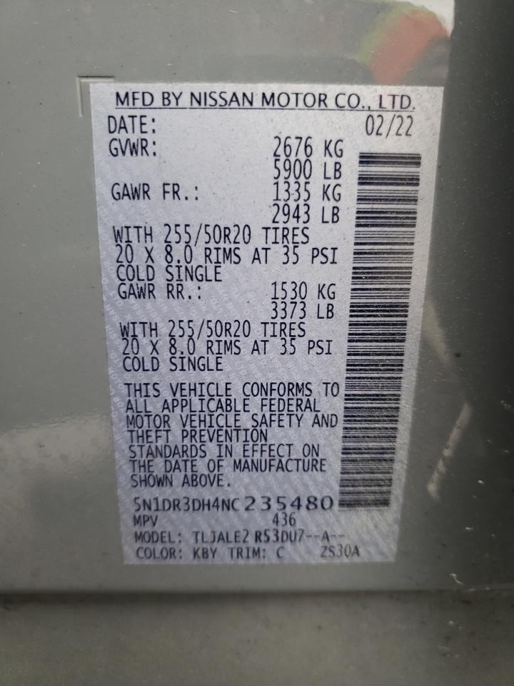 2022 NISSAN PATHFINDER PLATINUM VIN:5N1DR3DH4NC235480