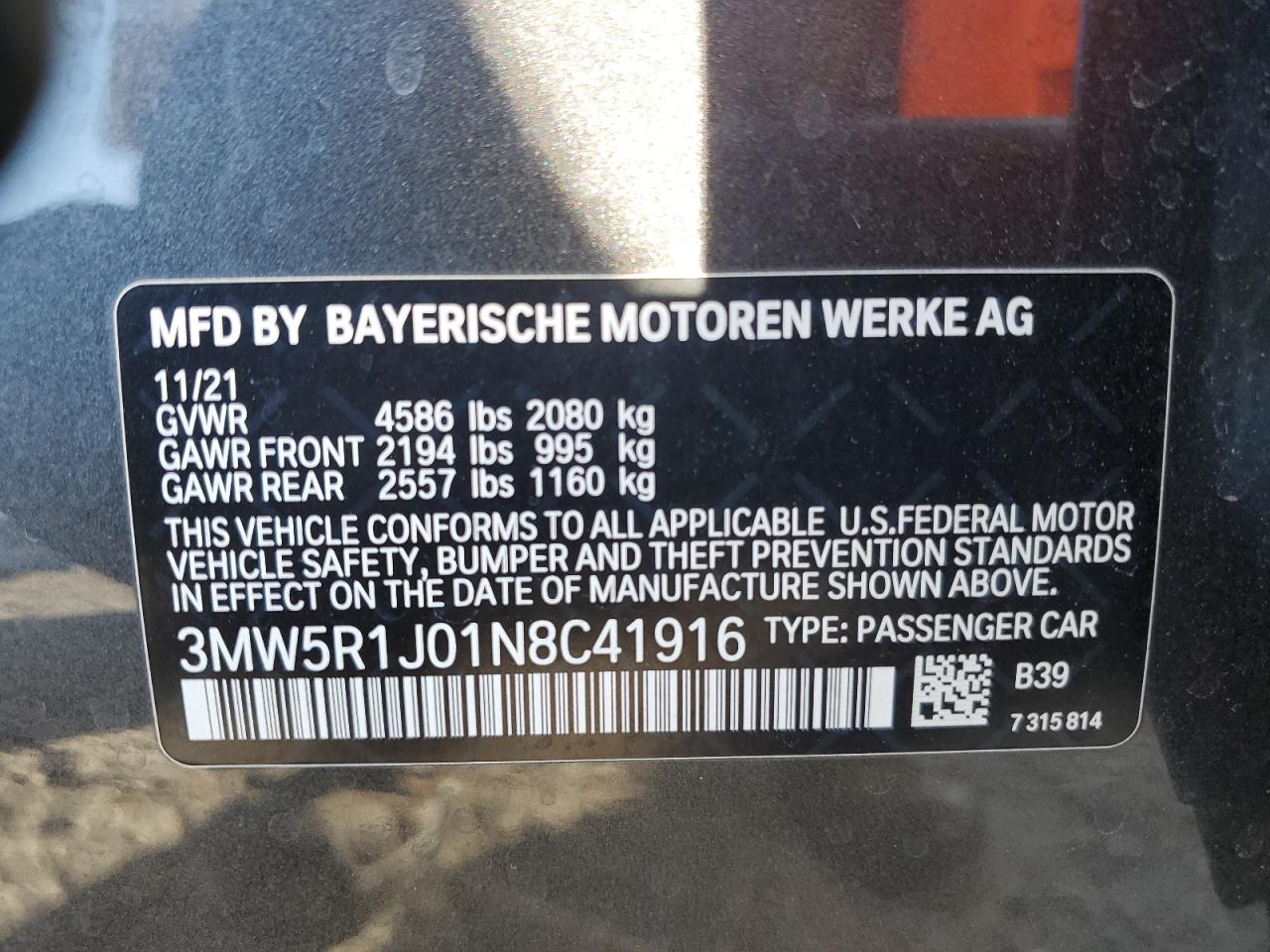 2022 BMW 330I VIN:3MW5R1J01N8C41916