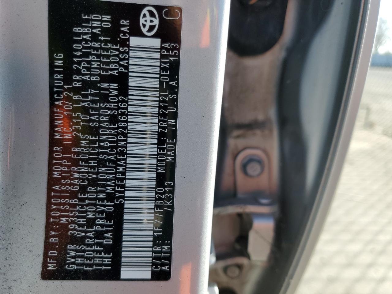 2022 TOYOTA COROLLA LE VIN:5YFEPMAE3NP286362