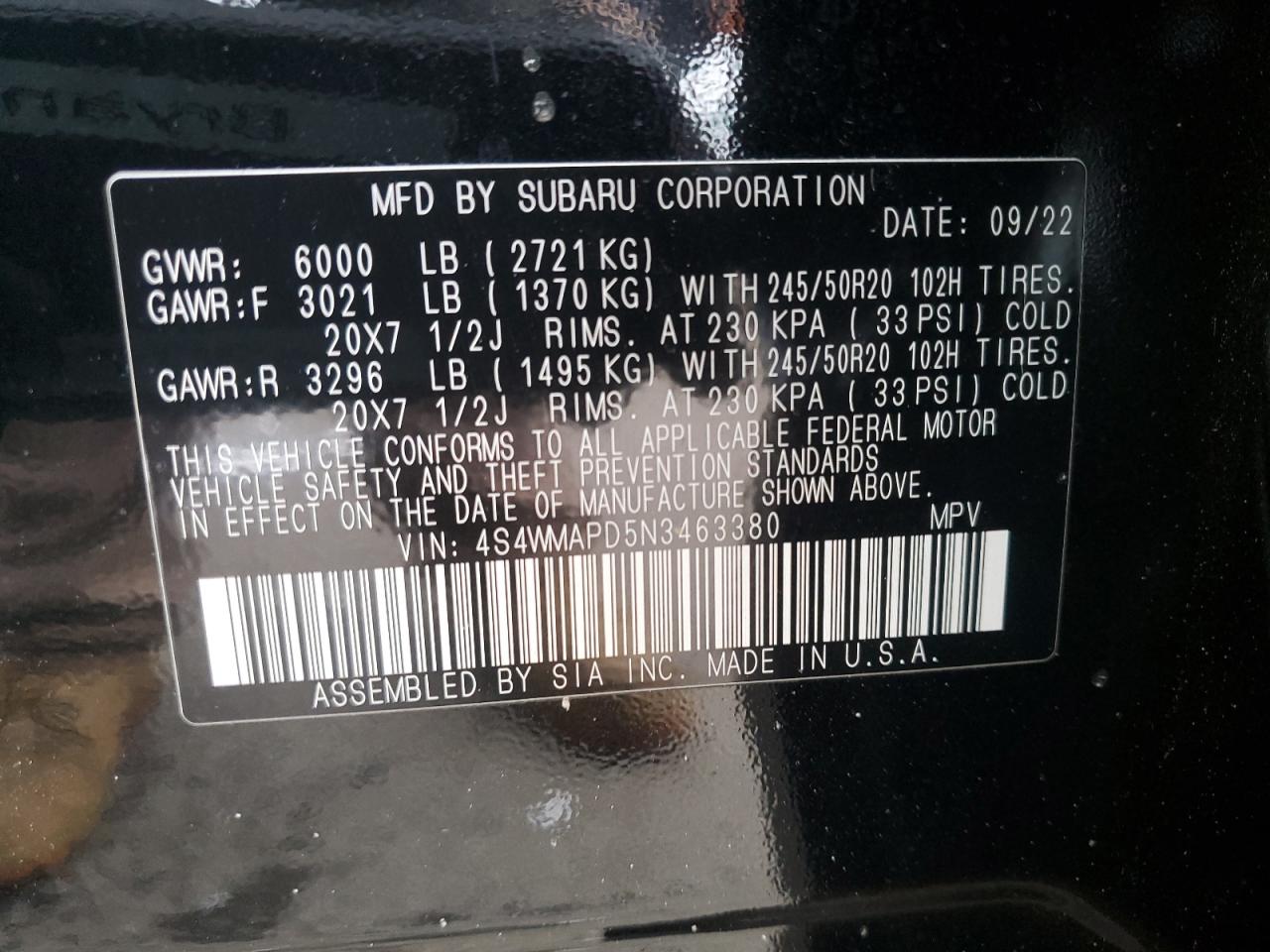 2022 SUBARU ASCENT LIMITED VIN:4S4WMAPD5N3463380