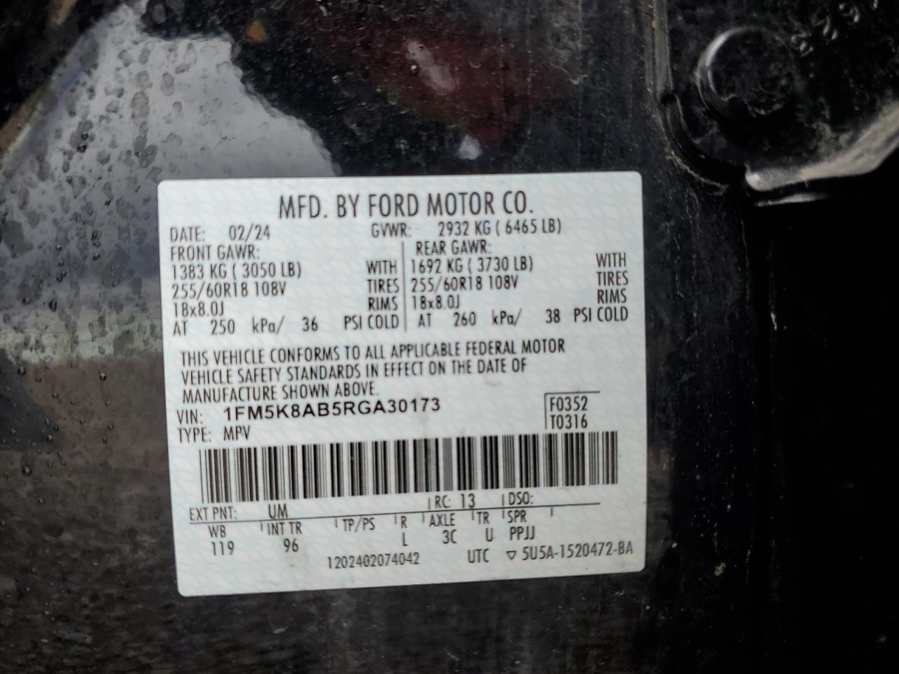 2024 FORD EXPLORER POLICE INTERCEPTOR VIN:1FM5K8AB5RGA30173