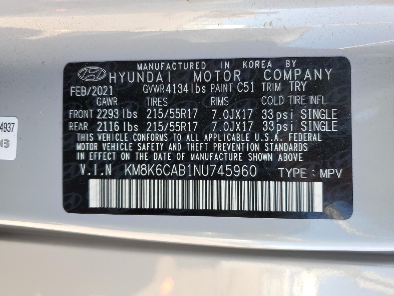 2022 HYUNDAI KONA SEL VIN:KM8K6CAB1NU745960