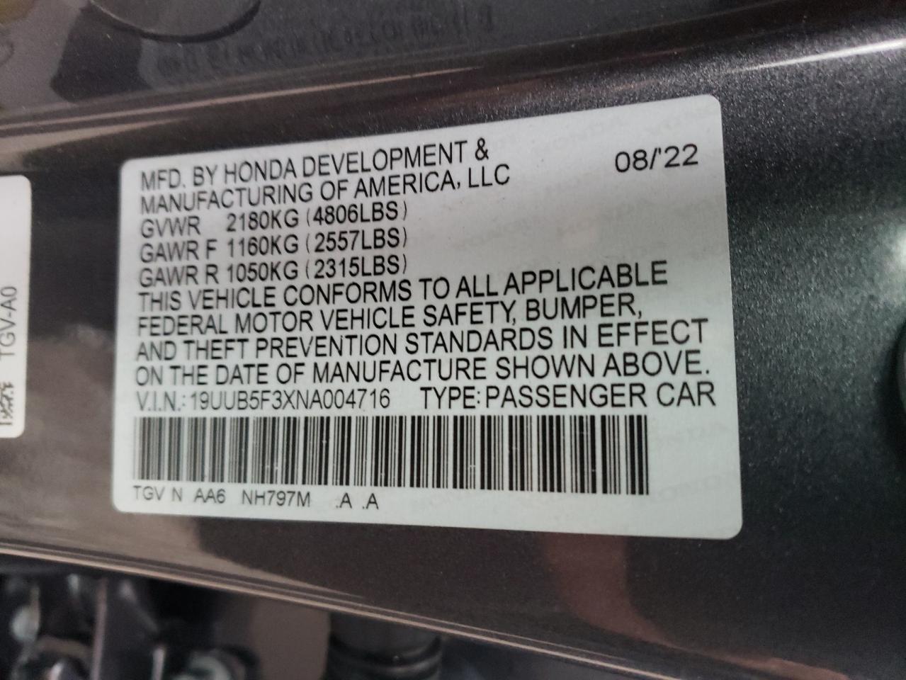2022 ACURA TLX VIN:19UUB5F3XNA004716