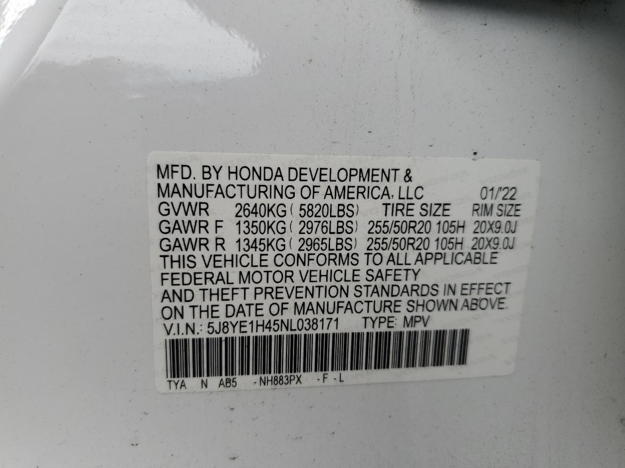 2022 ACURA MDX TECHNOLOGY VIN:5J8YE1H45NL038171