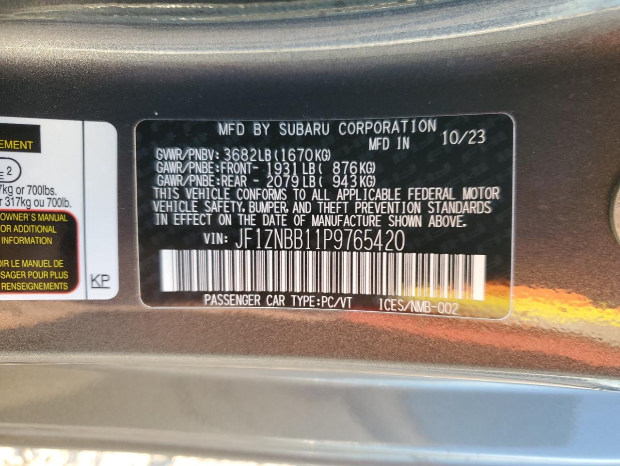 2023 TOYOTA GR 86 VIN:JF1ZNBB11P9765420