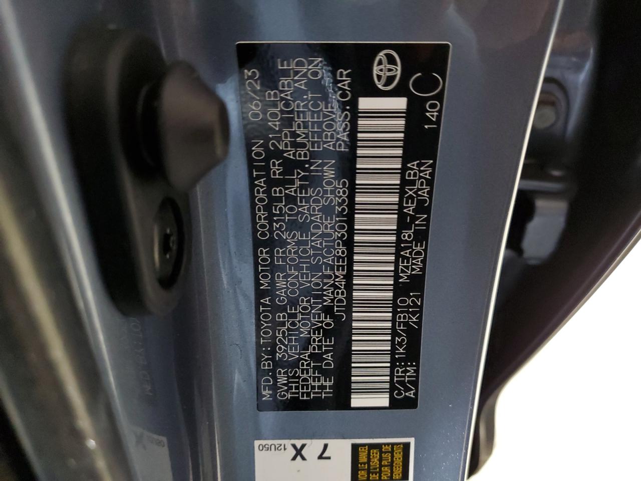 2023 TOYOTA COROLLA LE VIN:JTDB4MEE8P3013385