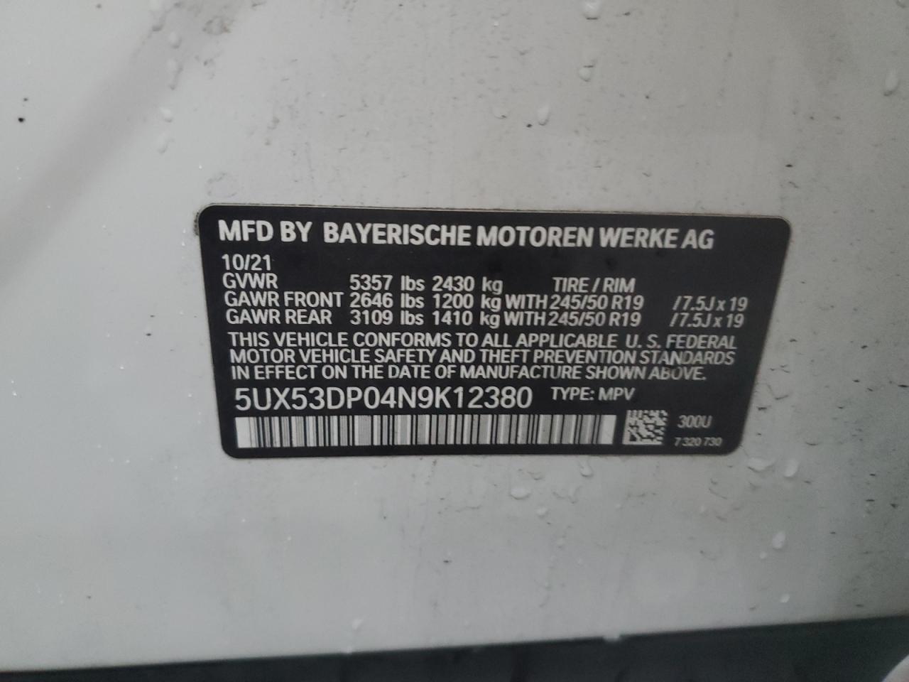 2022 BMW X3 XDRIVE30I VIN:5UX53DP04N9K12380