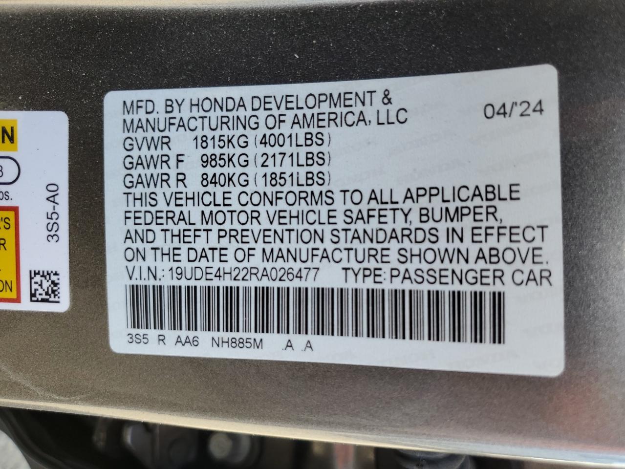 2024 ACURA INTEGRA VIN:19UDE4H22RA026477