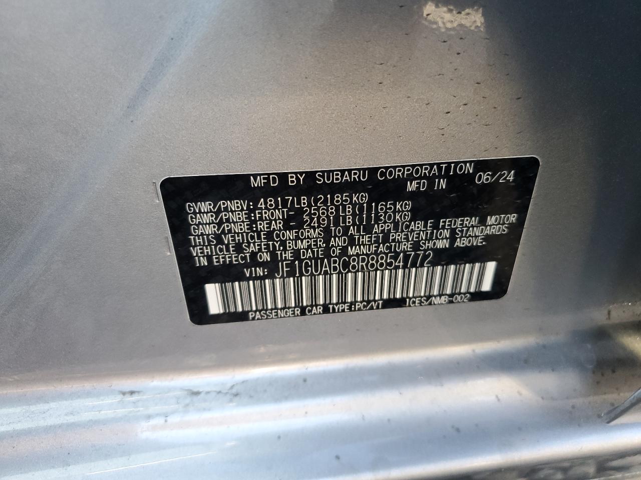 2024 SUBARU IMPREZA VIN:JF1GUABC8R8854772