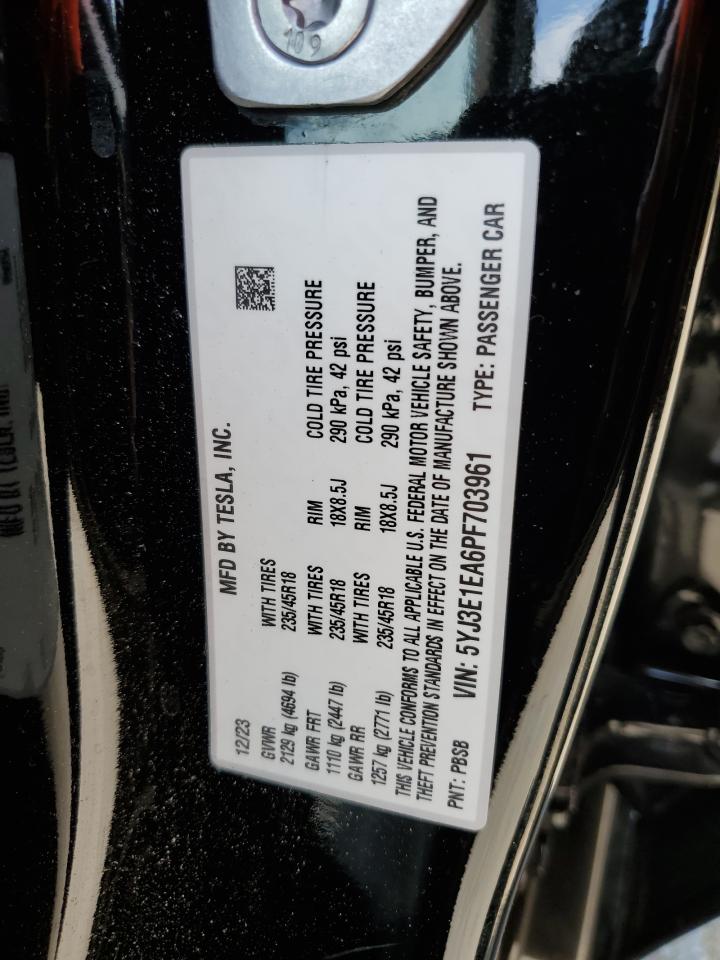 2023 TESLA MODEL 3 VIN:5YJ3E1EA6PF703961