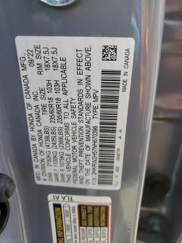 2022 HONDA CR-V EX VIN:2HKRW2H57NH670396