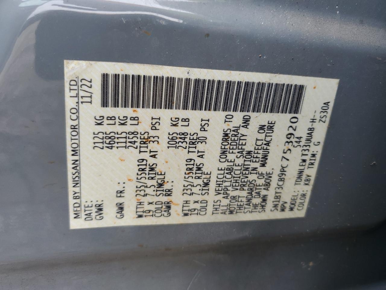 2023 NISSAN ROGUE SL VIN:5N1BT3CB9PC753920
