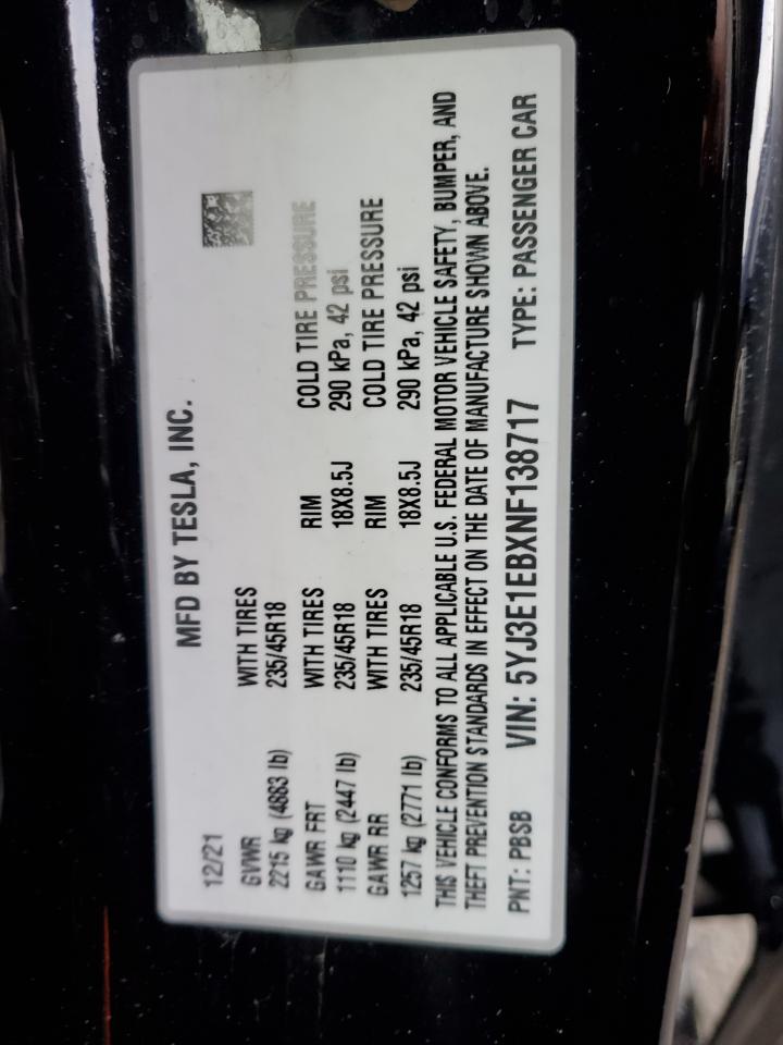 2022 TESLA MODEL 3 VIN:5YJ3E1EBXNF138717