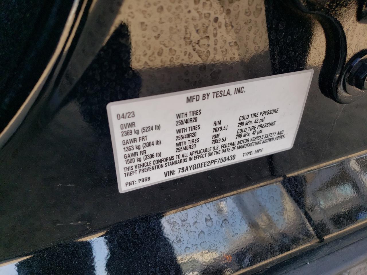 2023 TESLA MODEL Y VIN:7SAYGDEE2PF750430