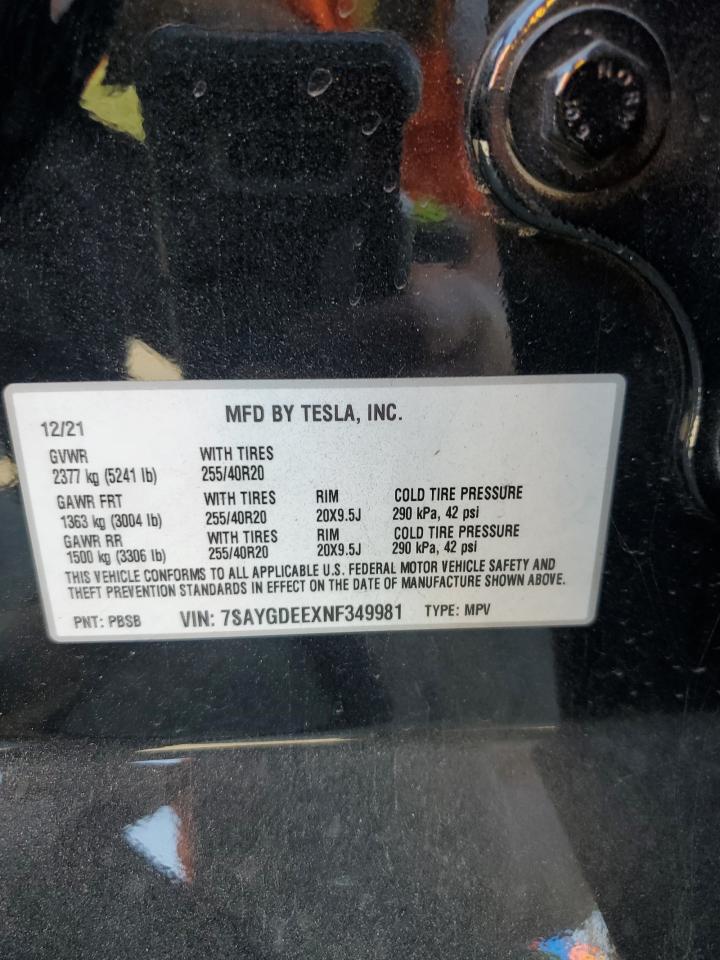 2022 TESLA MODEL Y VIN:7SAYGDEEXNF349981
