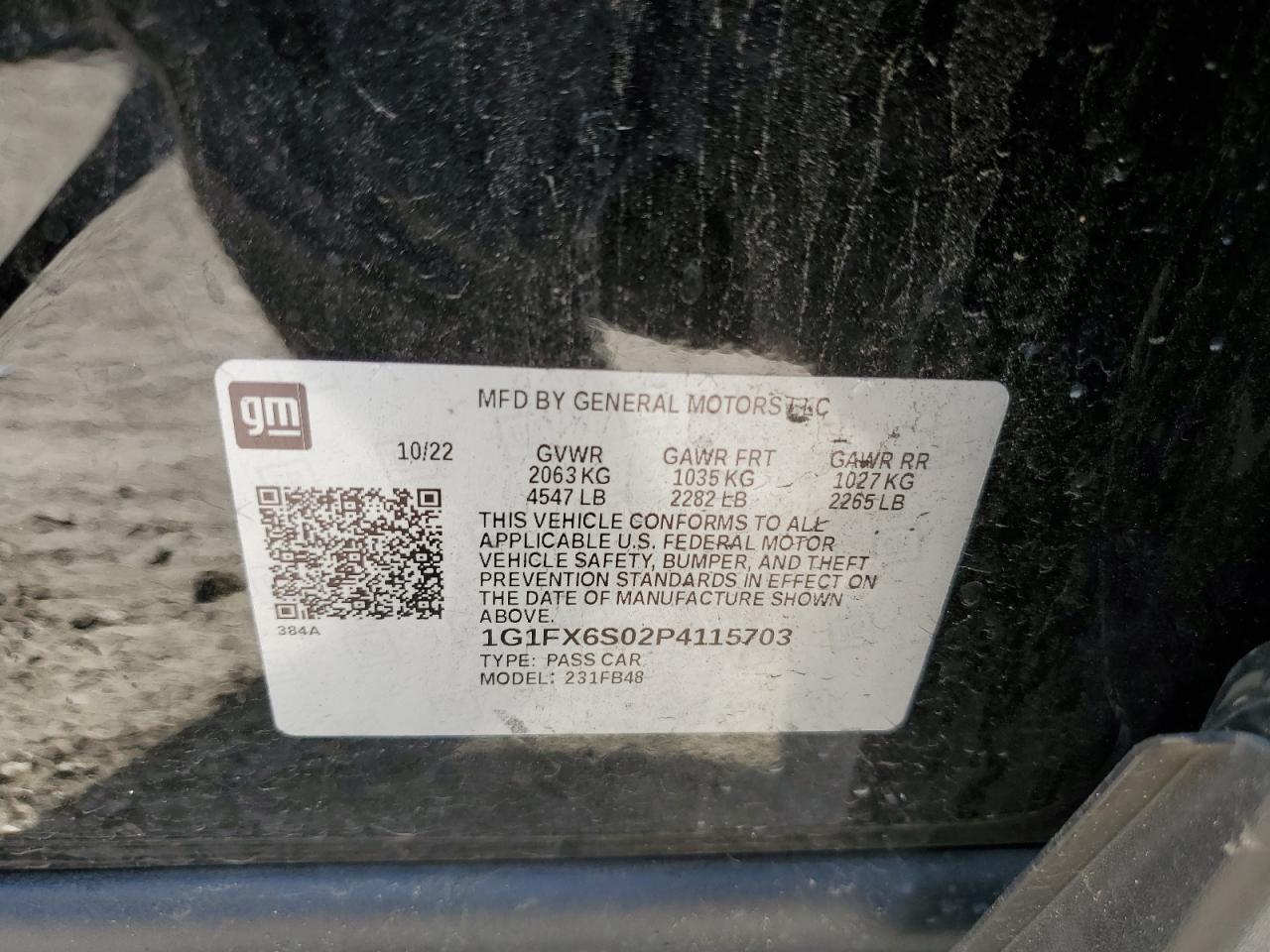 2023 CHEVROLET BOLT EV 2LT VIN:1G1FX6S02P4115703