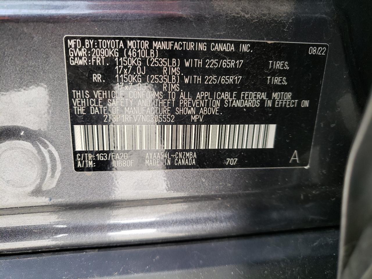 2022 TOYOTA RAV4 XLE VIN:2T3P1RFV7NC305552