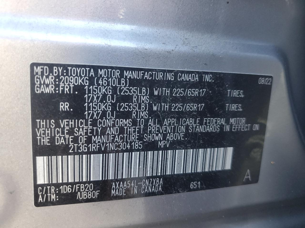 2022 TOYOTA RAV4 LE VIN:2T3G1RFV1NC304185