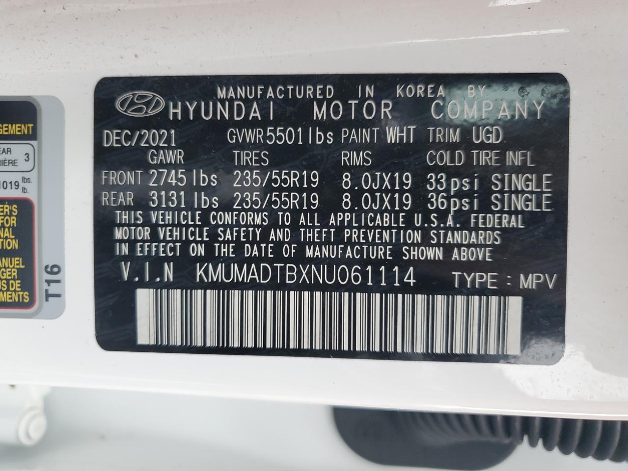 2022 GENESIS GV70 BASE VIN:KMUMADTBXNU061114