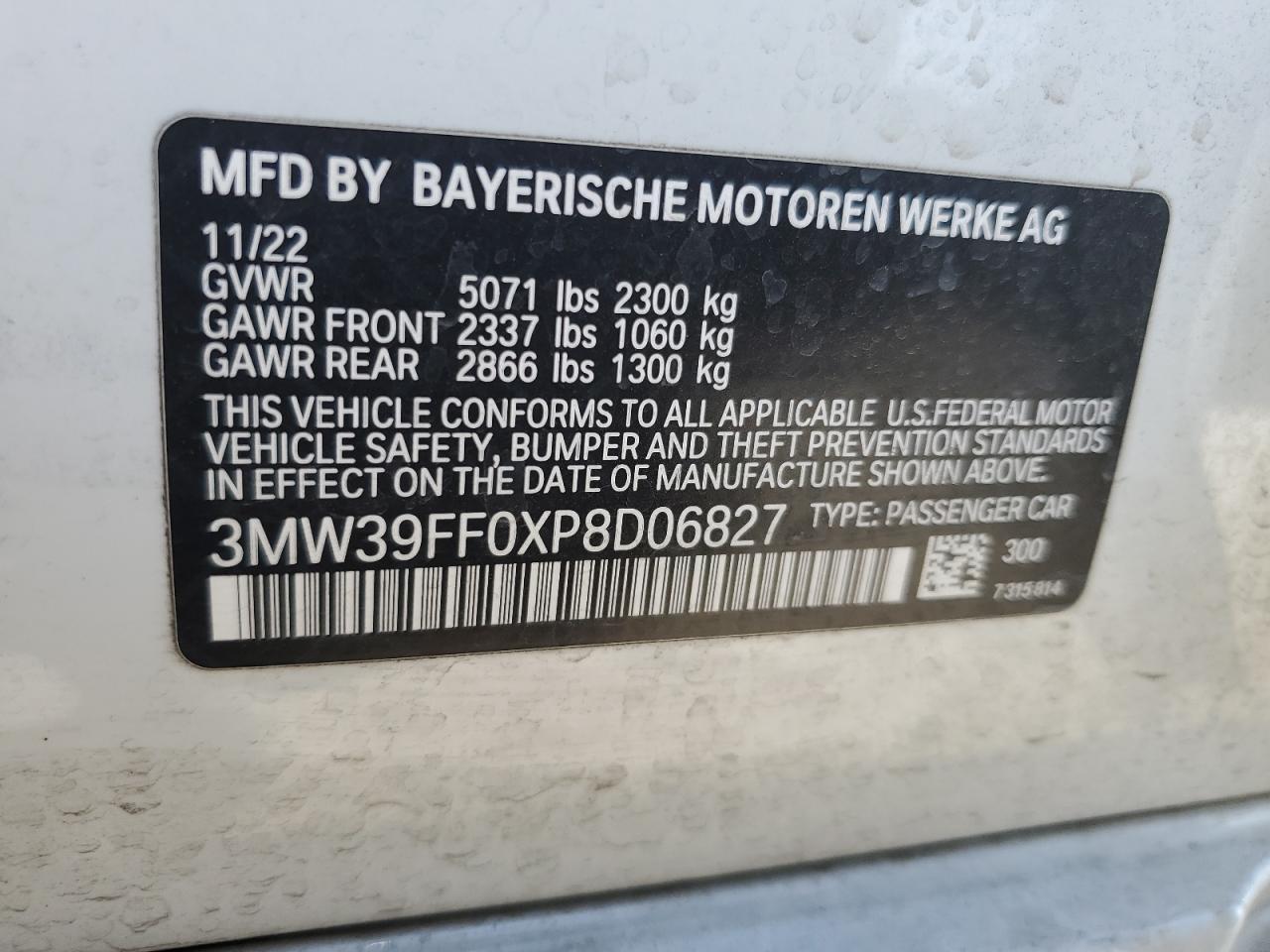 2023 BMW 330E VIN:3MW39FF0XP8D06827