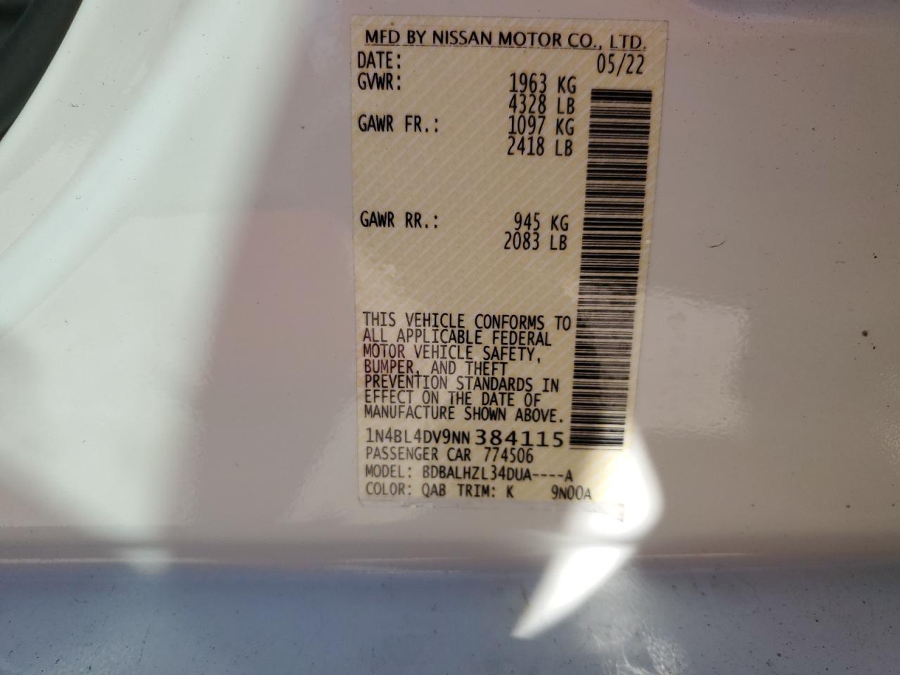 2022 NISSAN ALTIMA SV VIN:1N4BL4DV9NN384115