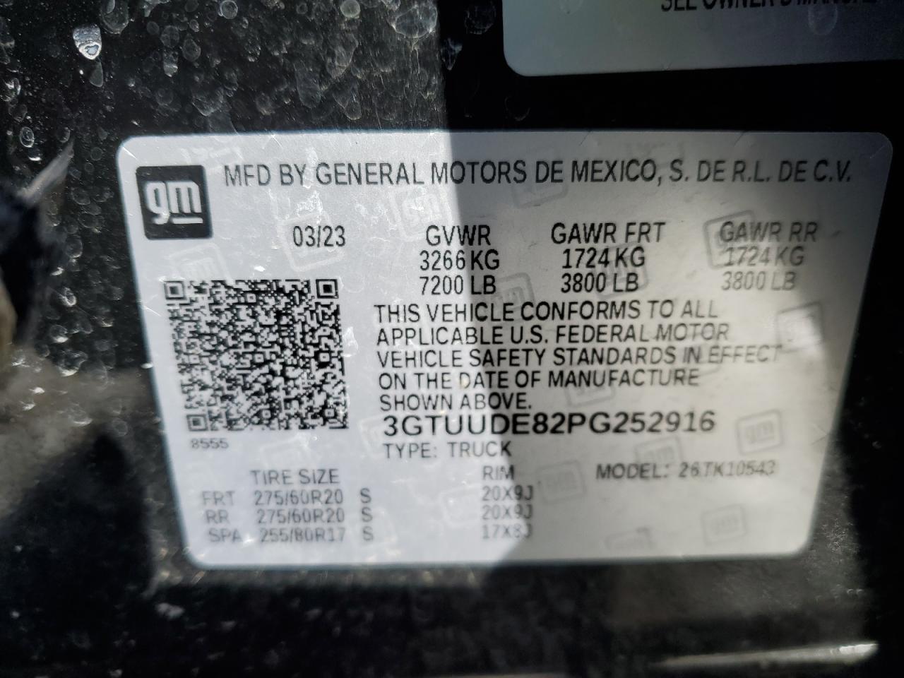 2023 GMC SIERRA K1500 SLT VIN:3GTUUDE82PG252916