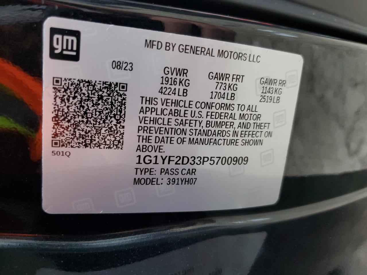 2023 CHEVROLET CORVETTE Z06 3LZ VIN:1G1YF2D33P5700909