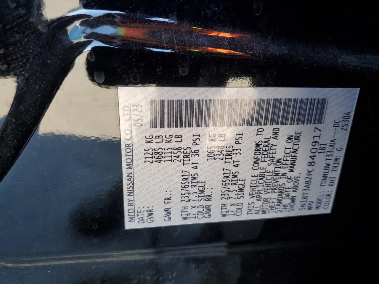 2023 NISSAN ROGUE S VIN:5N1BT3AB2PC840917
