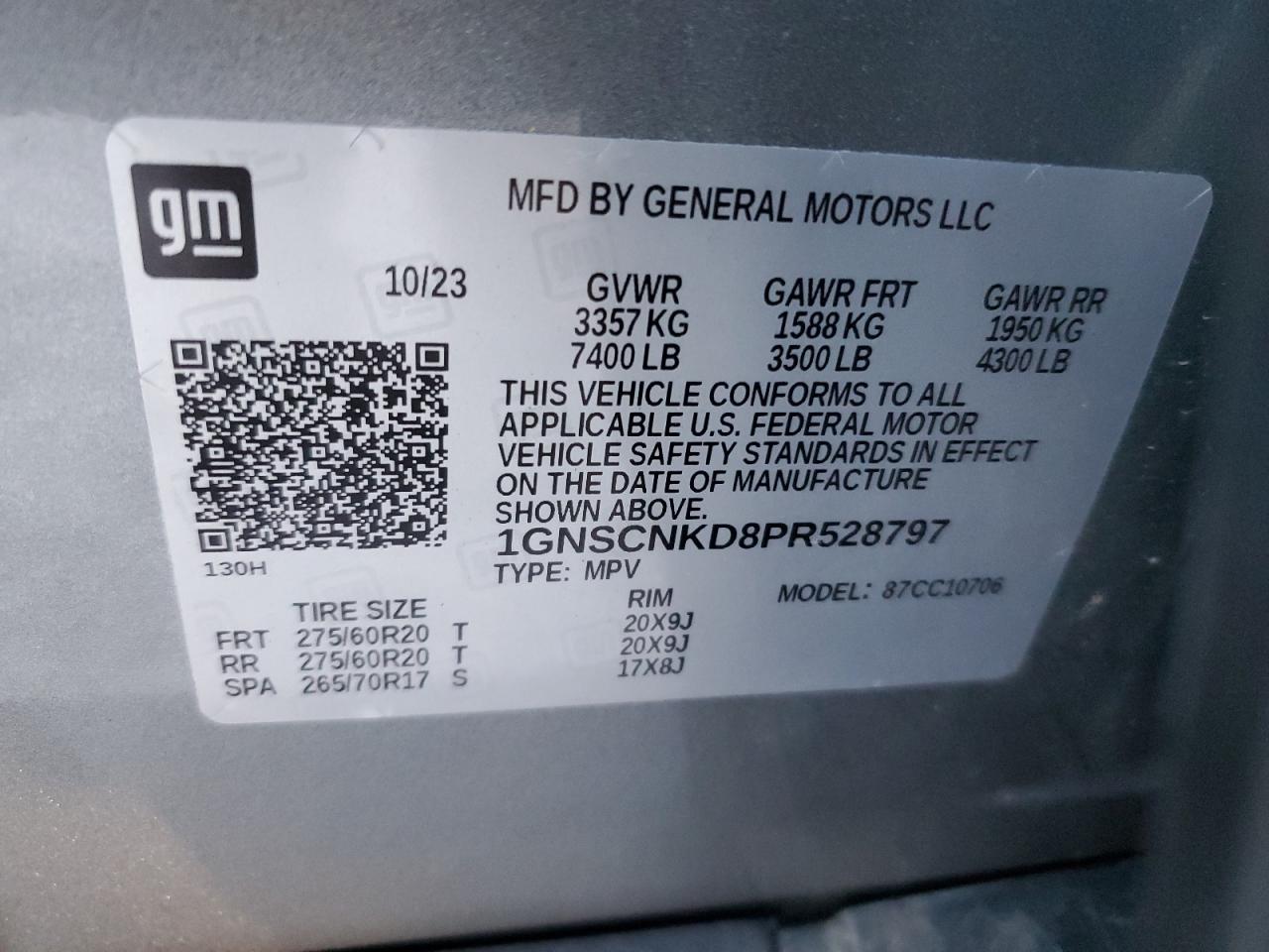 2023 CHEVROLET TAHOE C1500 LT VIN:1GNSCNKD8PR528797