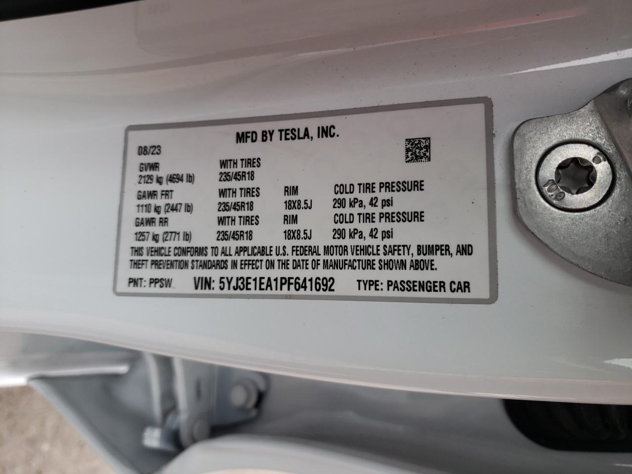 2023 TESLA MODEL 3 VIN:5YJ3E1EA1PF641692