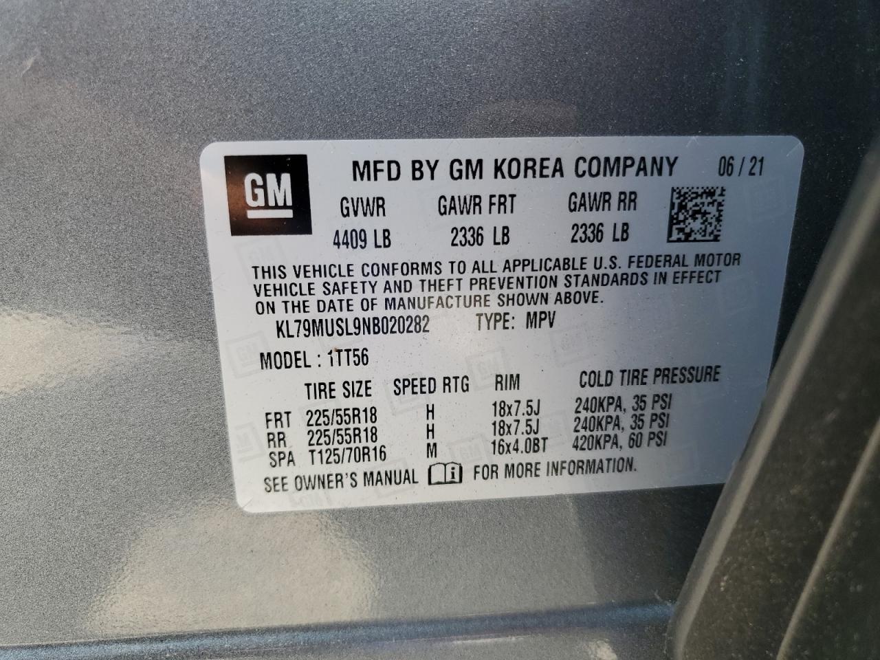 2022 CHEVROLET TRAILBLAZER RS VIN:KL79MUSL9NB020282