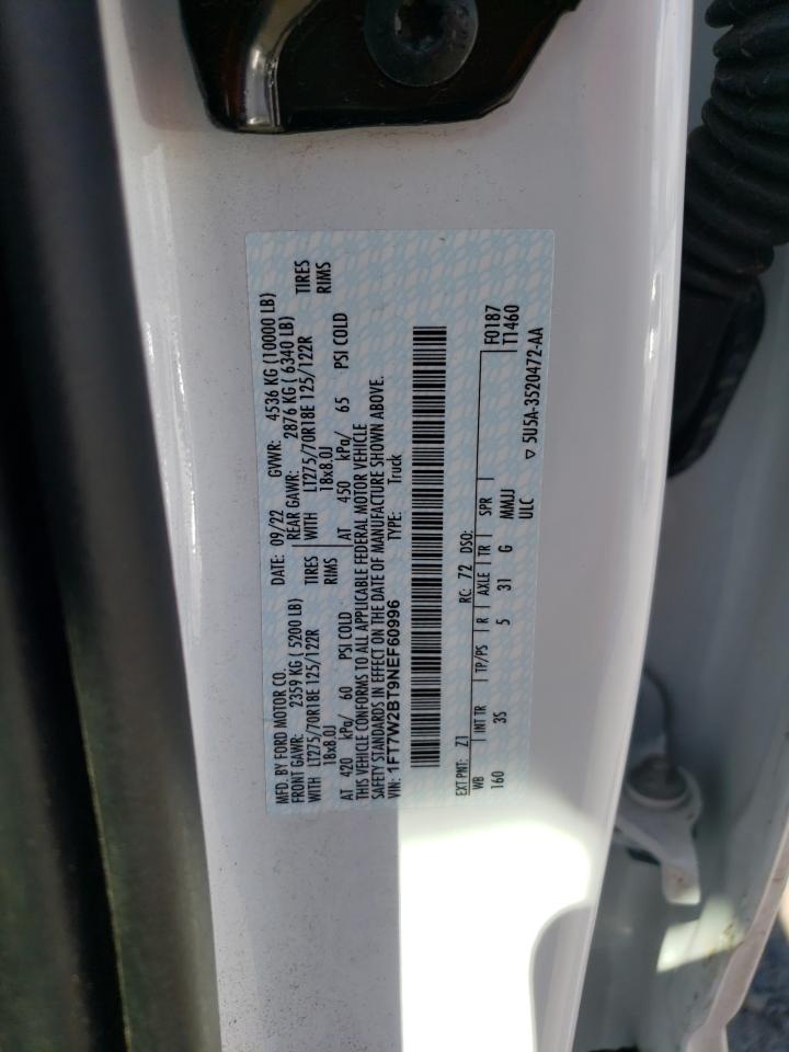 2022 FORD F250 SUPER DUTY VIN:1FT7W2BT9NEF60996